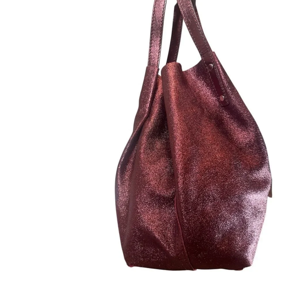 TIFFANY & CO Ruby Red Metallic Leather & Suede Reversible Small Bucket Hobo Bag